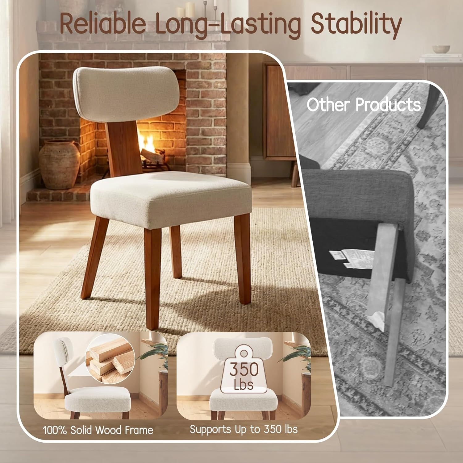 Dining Chairs Set of 4, Mid-Century Modern Upholstered Kitchen Chairs with Curved Backrest and Linen Fabric Seat, Wood Leg Accent Chairs for Dining Room, Living Room, Bedroom, Linen Beige