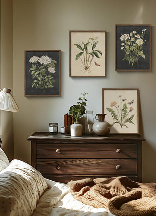 Framed Botanical Wall Art Set - 4-Piece Rustic Floral Canvas Prints for Home Decor in Various Living Spaces