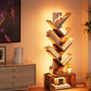 6 Tier Tree Bookshelf with Lights, LED Book Tree Bookcase with Storage Organizer, Small Corner Bookshelf Floor Standing Book Shelf for Living Room, Bedroom & Home Office, Rustic Brown