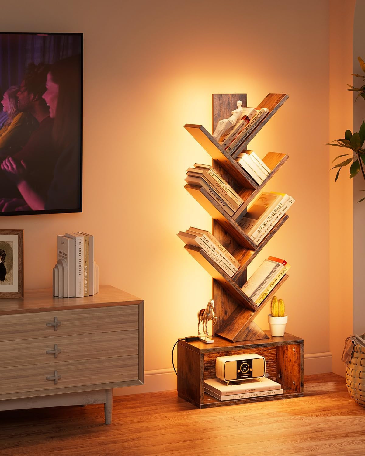 6 Tier Tree Bookshelf with Lights, LED Book Tree Bookcase with Storage Organizer, Small Corner Bookshelf Floor Standing Book Shelf for Living Room, Bedroom & Home Office, Rustic Brown