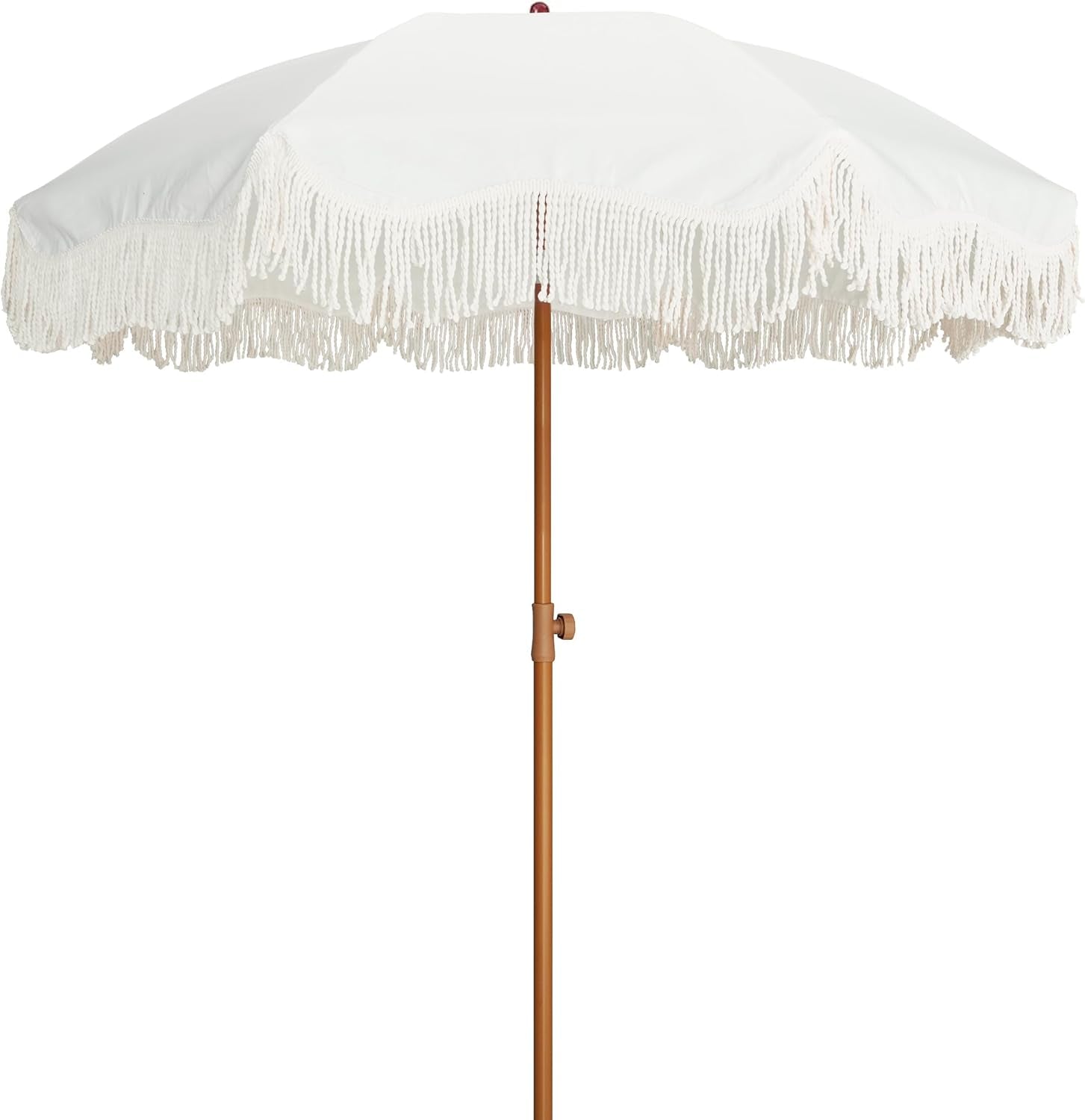 Boho Fringe Umbrella Outdoor Patio, 6.5Ft UPF50+ Picnic Umbrella with Tassels with Steel Pole and Push Button Tilt, Antique White