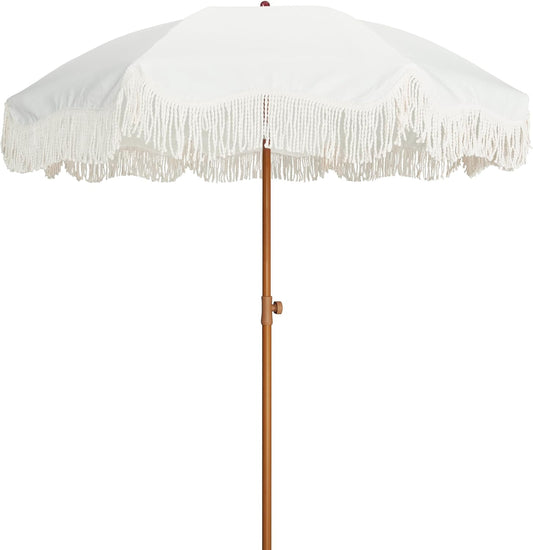 Boho Fringe Umbrella Outdoor Patio, 6.5Ft UPF50+ Picnic Umbrella with Tassels with Steel Pole and Push Button Tilt, Antique White