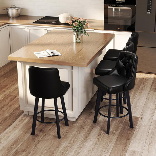 Swivel Barstools Set of 4, 26’’H Modern Counter Height Barstool with Metal Legs,Faux Leather Upholstered Bar Stools with Back for Kitchen Island, Dining Room, Pub - Black