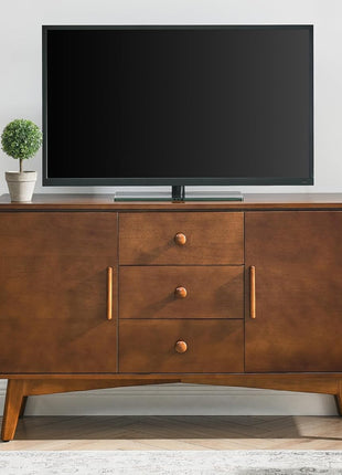47.3" Mid-Century Modern Sideboard Buffet Cabinet with Solid Wood Frame and Legs, Featuring 2 Doors and 3 Drawers for Kitchen and Entryway in Walnut Finish