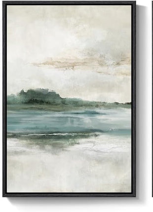 Large Framed Abstract Nature Landscape Art Set of 3 - Contemporary Canvas Prints for Living Room, Hallway, Dining Room, and Office Decor - Green Lake Artwork, 24x36 Inches