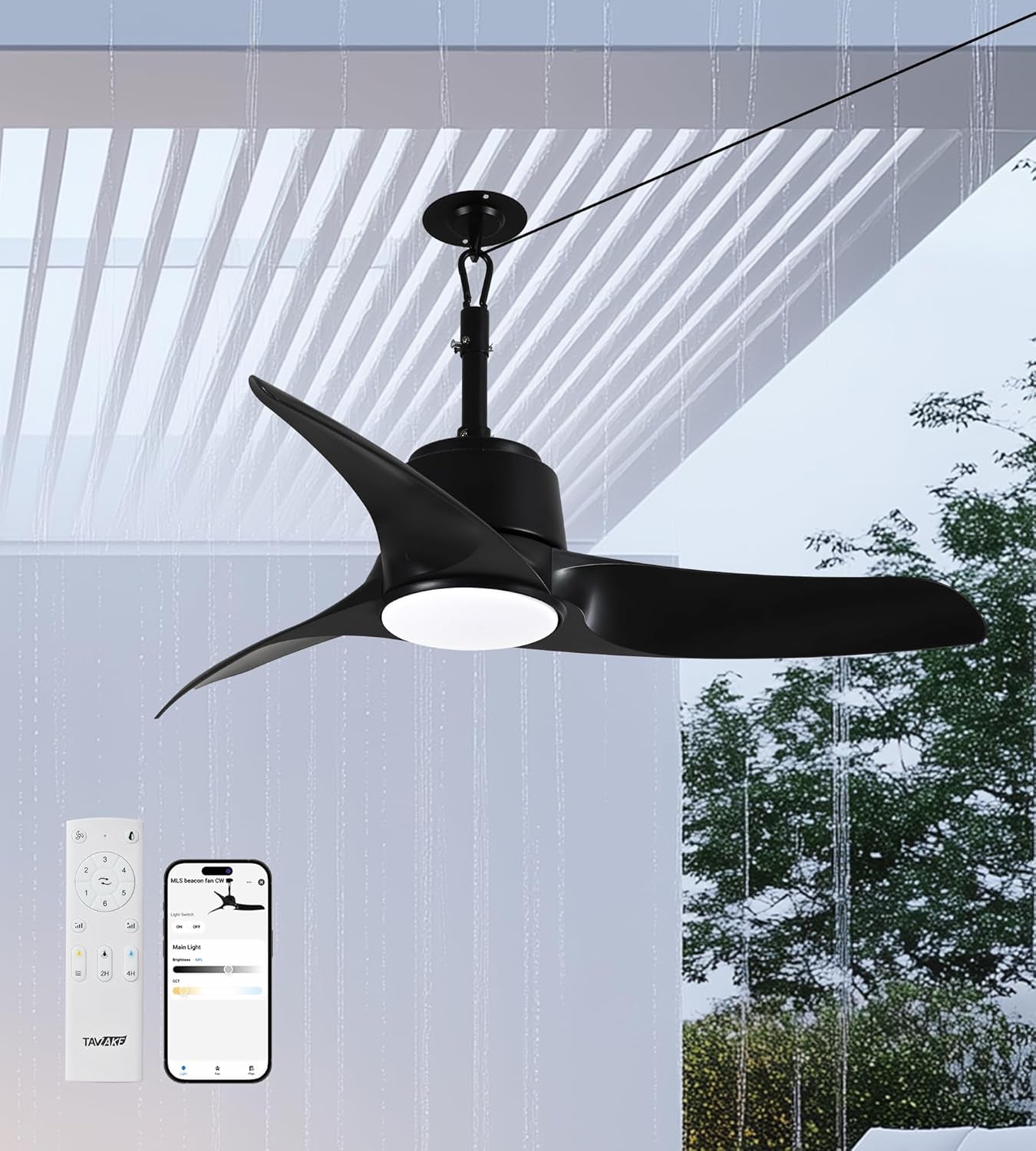 42" Outdoor Ceiling Fans with Lights, IP66 Wet Rated Waterproof Ceiling Fan with Remote Control, 6-Speed DC Motor, Farmhouse Gazebo Fan for Porch Patios Pavilion (Black)