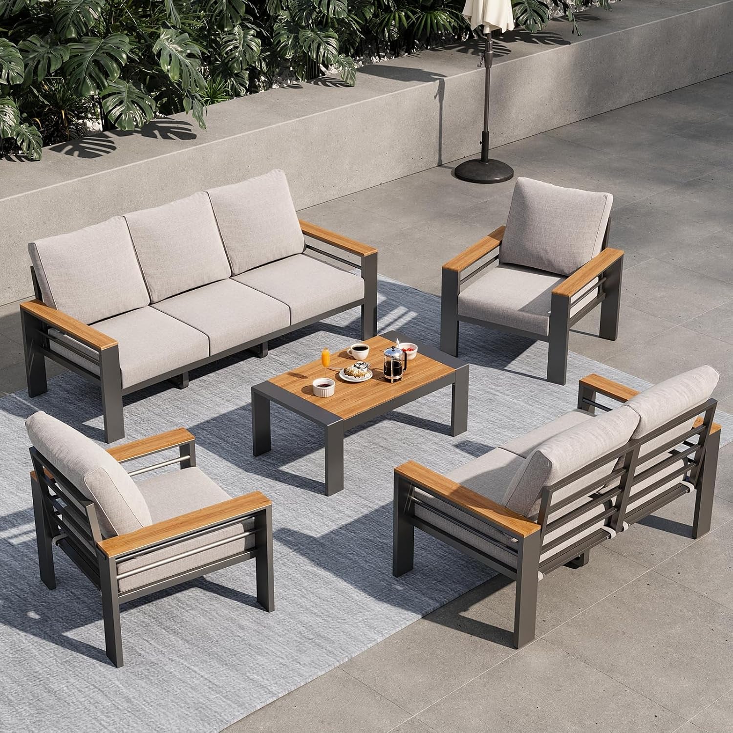 Aluminum Outdoor Patio Furniture Set, 7 Seats Outdoor Sectional with Coffee Table, Patio Conversation Sets with Upgraded Armrests and Cushions for Backyard, Garden and Poolside