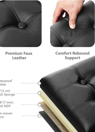 34-Inch Black Leather Storage Ottoman Bench with Padded Seat and Flip-Top Lid for Living Room and Bedroom