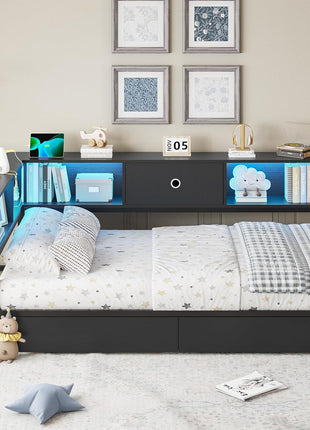 Twin Corner Bed Frame with Integrated Bookcase Storage and LED Lighting, Metal Platform Bed with Storage Drawers and Charging Station for Kids and Teens, Black