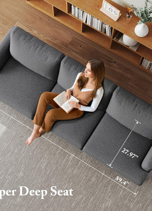 89" Mid Century Modern 3-Seater Upholstered Sofa with Deep Seats and Armrests in Dark Grey for Living Room, Bedroom, Apartment, and Office
