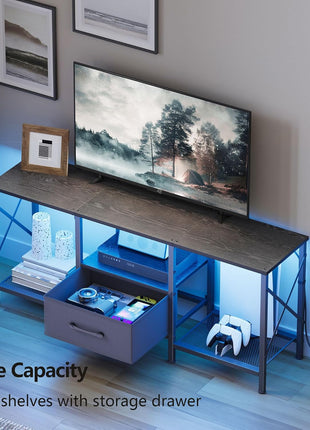 Industrial LED TV Stand with Fabric Drawer and Open Shelving for 50-55 Inch TVs, Black Entertainment Center for Living Room and Bedroom