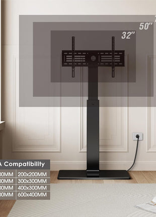 Elegant Tall Floor TV Stand for 32-75 Inch TVs with Integrated Power Outlet, Tempered Glass Base, Supports Up to 88 lbs, VESA Compatible 600x400mm, Black Finish