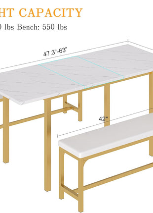 63" Extendable 3-Piece Kitchen Table Set with Benches and Chairs, Modern Dining Solution for 4 to 6, Space-Saving Design, Easy Assembly