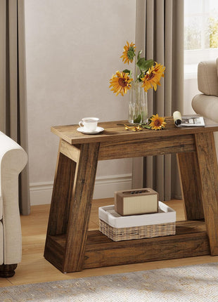 Rustic Brown Wooden End Table with Dual Storage Shelves - Slim Accent Nightstand for Living Room and Bedroom