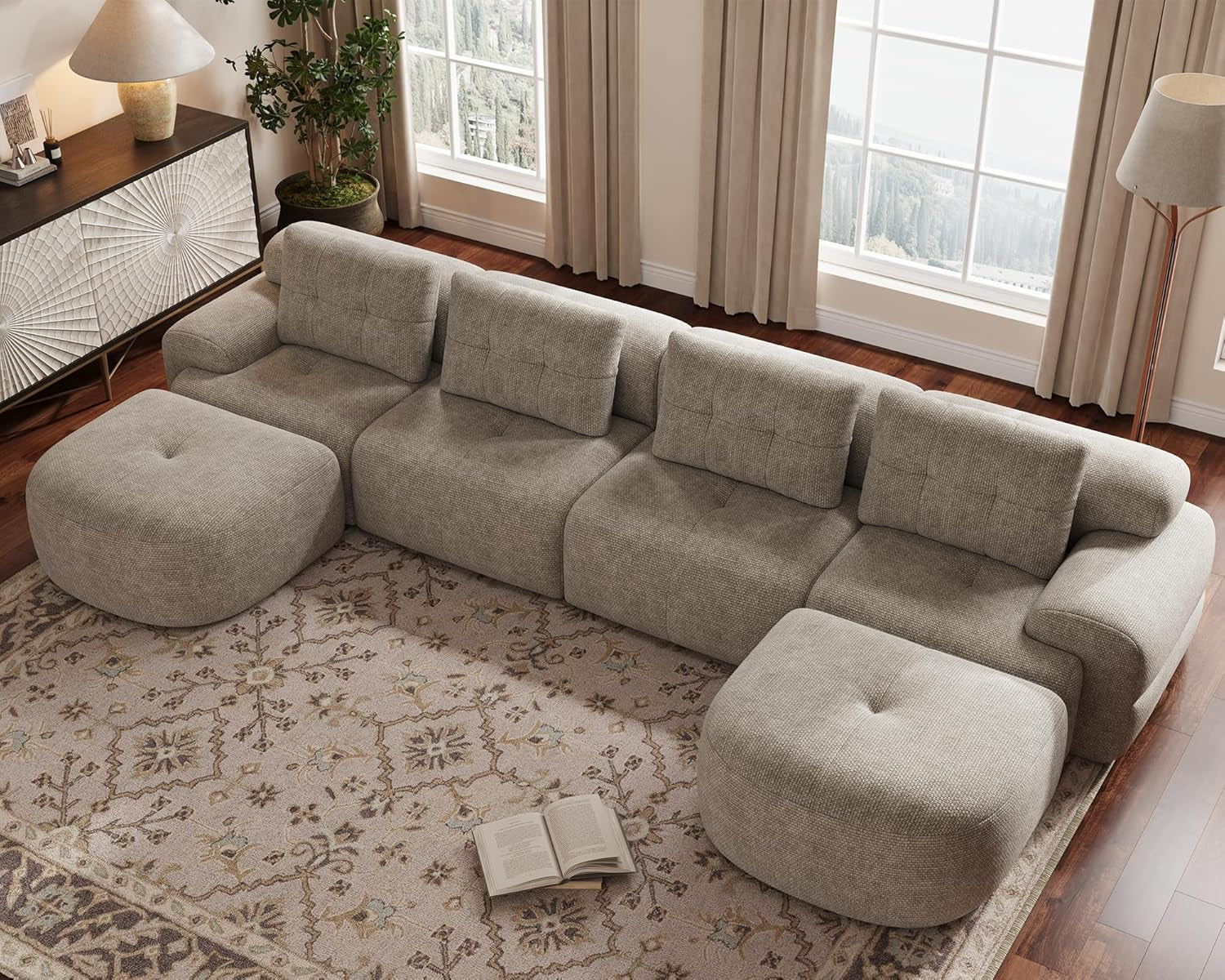 145'' U-Shaped Modular Sectional Sofa Couch, Full-Foam Structure, Compression Packaging Design, Woven Texture Upholstery, Oversized Modern Sofa for Living Room – Wheat Beige