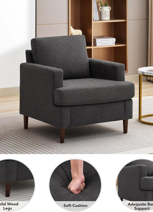 Mid-Century Modern Upholstered Accent Chair with Wooden Legs - Stylish and Comfortable Armchair for Living Room and Bedroom (Dark Grey, Single Pack)