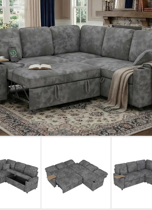 81" Modular L-Shaped Sleeper Sofa with Adjustable Backrest and 360° Swivel Side Table in Elegant Grey Chenille for Enhanced Living Room Functionality