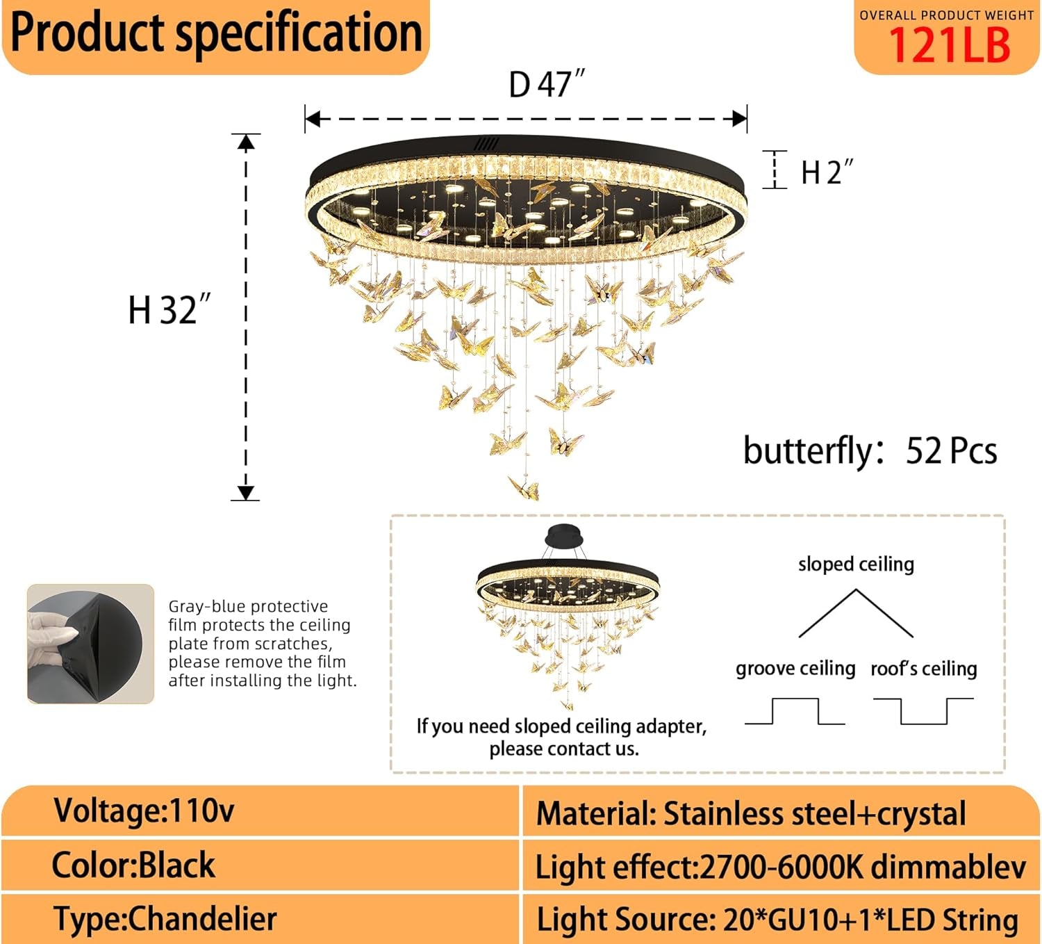Butterfly Chandelier Black 48In Modern Crystal Raindrop Chandelier Lighting Flush Mount Ceiling Chandeliers for Living Room 20XGU10