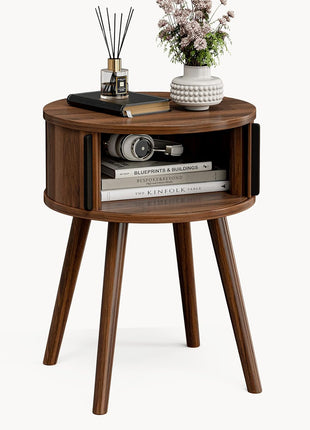 Contemporary Side Table with Sliding Door and Cabinet, Multi-functional End Table for Living Room and Nightstand for Bedroom, Solid Wood Legs in Walnut Finish