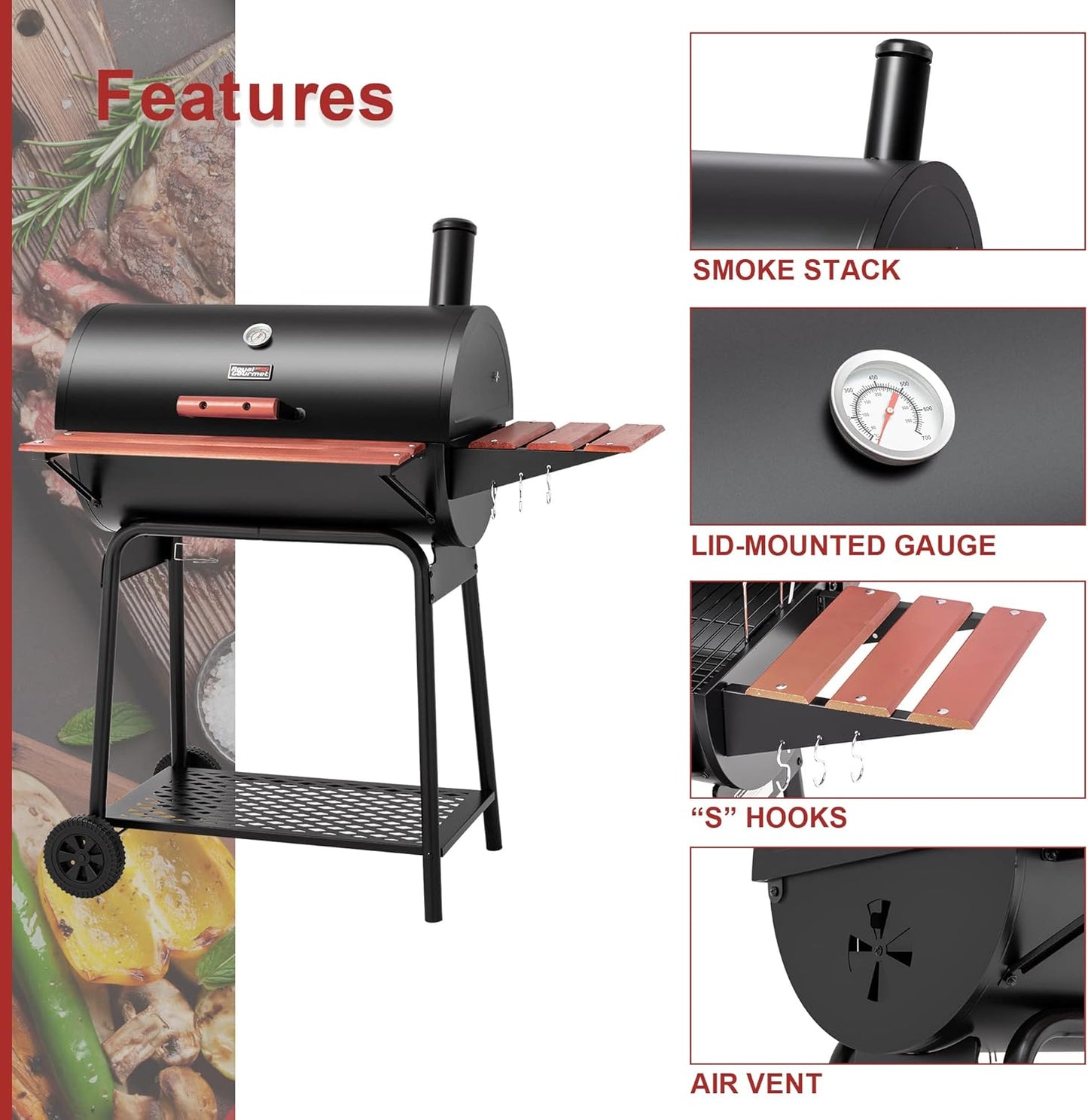 CC1830V 30 Barrel Charcoal Grill with Wood-Painted Side Front Table, 627 Square Inches Cooking Space, for Outdoor Backyard, Patio and Parties, Black