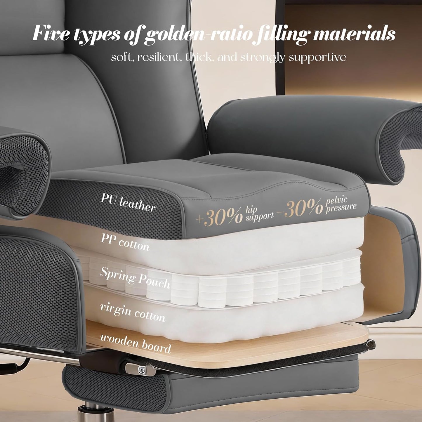 Desk Office Chair, Ergonomic Office Chair with Adjustable Headrest & Lumbar Support, PU Leather Back Computer Desk Chair for Home Office or Gaming, Swivel Height Adjustable Task Chair