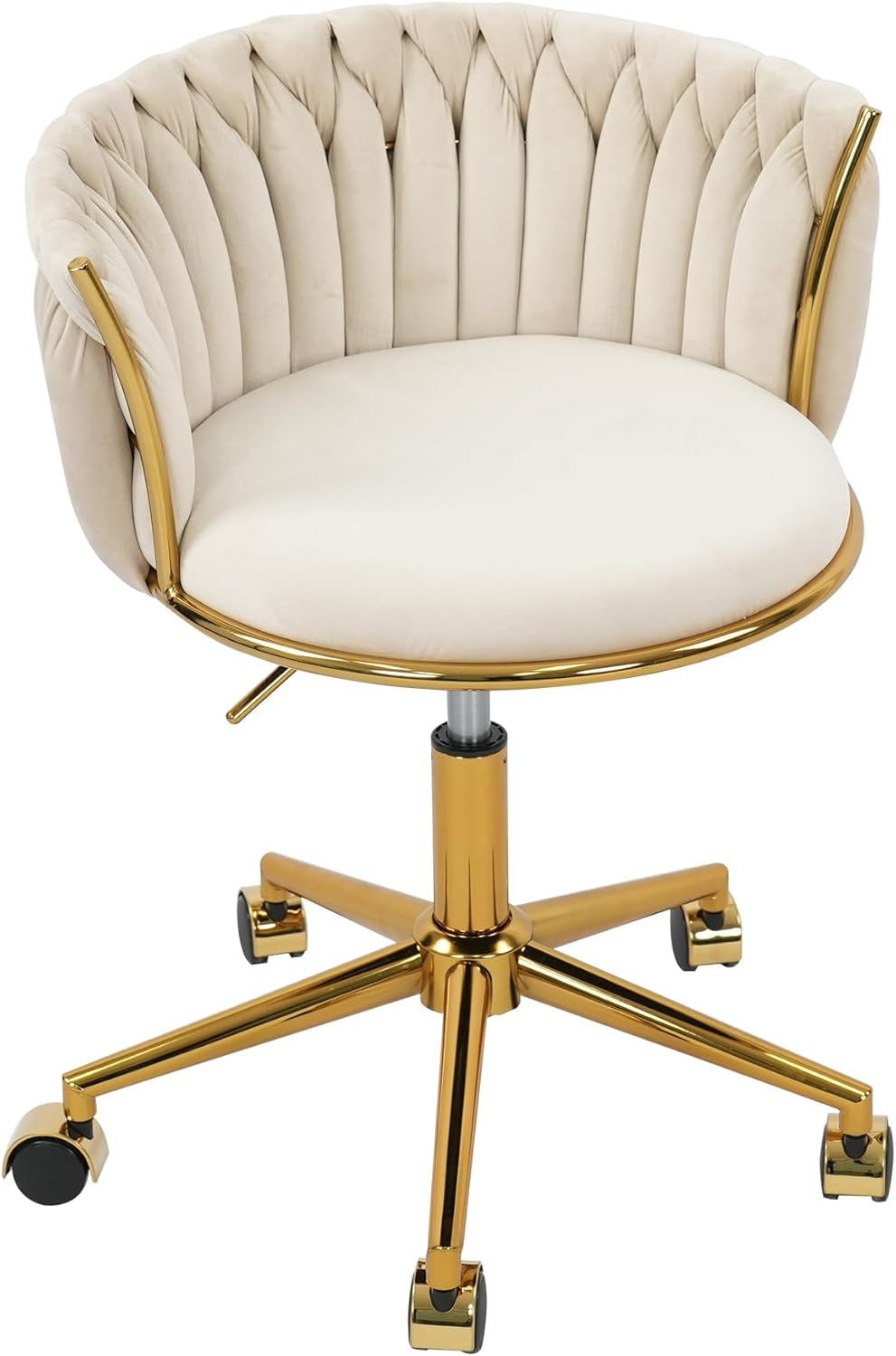 Velvet Woven Home Office Chair, Modern Swivel Desk Chair with Wheels, Height Adjustable Vanity Chair with Gold Metal Base and Hand Weaving Back, Beige