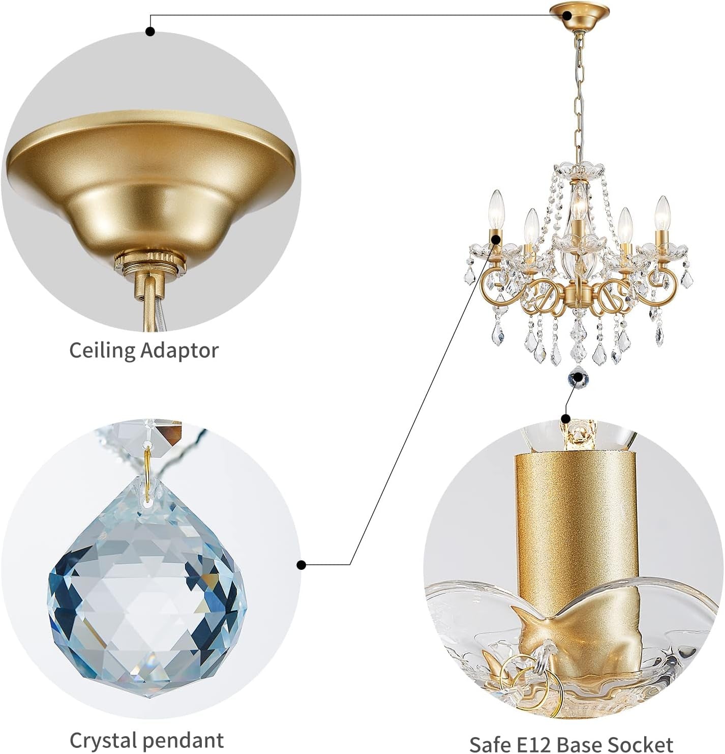 Mini Crystal Chandelier K9 Crystal Gold Chandelier for Living Room Bedroom Dining Room Kitchen Island Entryway 5 E12 Bulbs High 16.5 in X Diameter 16.9 In, Golden
