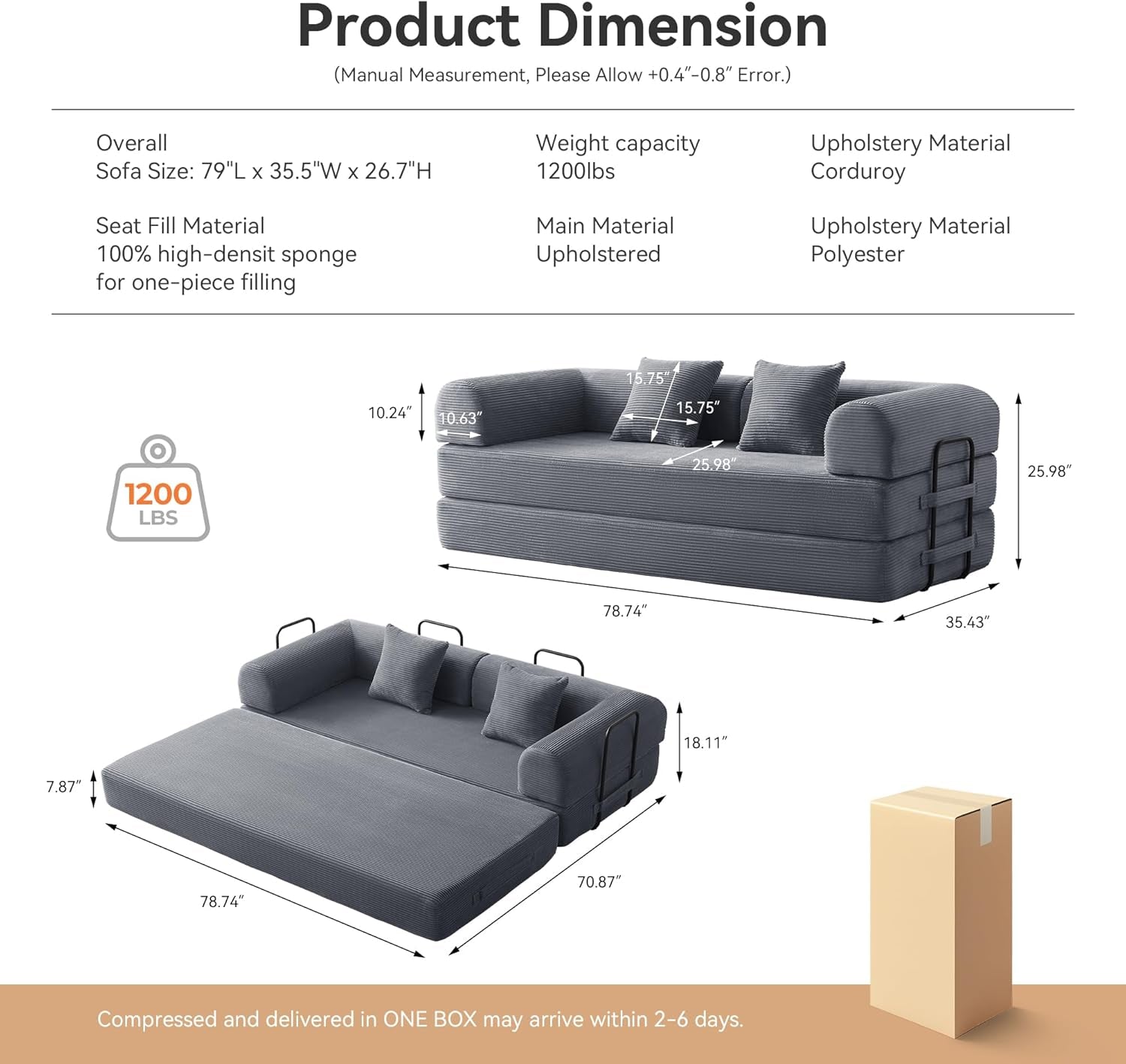 Sofa Bed, Corduroy Sleeper Sofa Bed with Fixed Frame, Floor Sofa Lounge with Pillow, Convertible Folding Mattress Couch for Living Room, Bedroom, Lounge, Studio (Dark Grey)