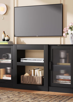 58-Inch Farmhouse TV Stand for 65-Inch Televisions, Entertainment Center with Storage Cabinets and Open Shelves, Black Finish for Living Room and Bedroom