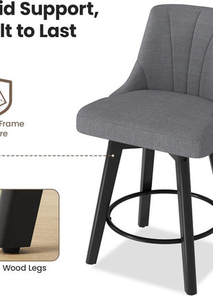 Set of 3 Upholstered 24" Counter Height Swivel Bar Stools with Back and Solid Wood Legs in Dark Gray for Kitchen Island and Dining Room