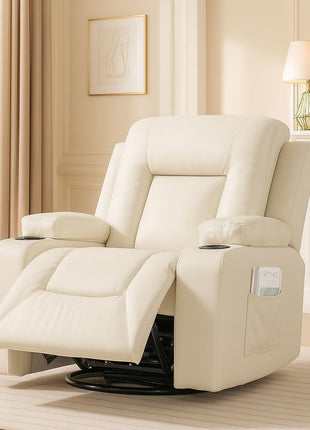 Brown PU Leather Swivel Recliner Chair with Cup Holders and Side Pockets for Living Room or Bedroom