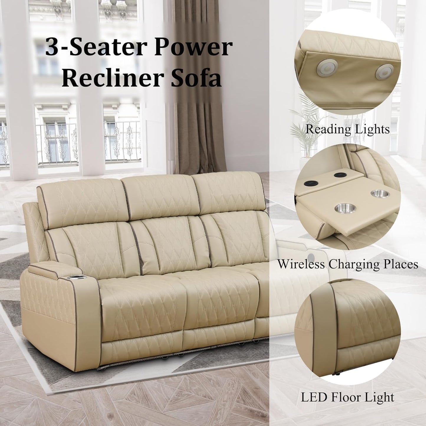Leather Power Recliner Sofa Set with LED, Living Room Furniture Set, Leather Sofa Set with USB Port Storage Console Cup Holder for Office Living Room Home (Khaki)