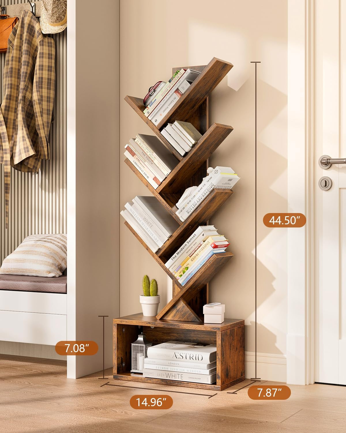 6 Tier Tree Bookshelf with Lights, LED Book Tree Bookcase with Storage Organizer, Small Corner Bookshelf Floor Standing Book Shelf for Living Room, Bedroom & Home Office, Rustic Brown