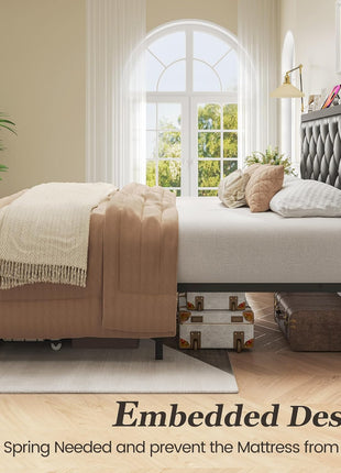 Queen Bed Frame with Upholstered Button-Tufted Headboard, Two Storage Drawers, Integrated Charging Station, Box Spring Not Required, Noise-Free Design, All-Metal Construction, Black
