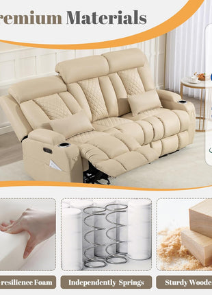 Zero Wall Hugger Power Reclining Sofa with Adjustable Headrest, Electric Reclining Couch Featuring Drop-Down Table and Outlets, Power Loveseat Recliner Sofa for Living Room and RV (Beige, 3-Seater)