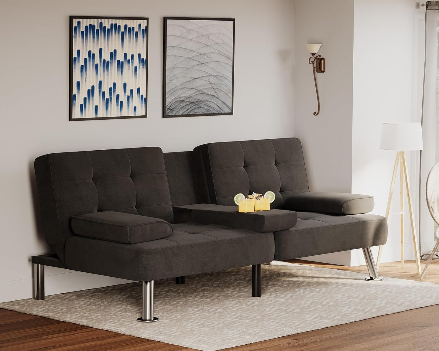 Futon Sofa Bed Modern Folding Futon Set Linen Fabric Convertible Recliner Lounge for Living Room with 2 Cup Holders, Removable Armrests (Fabric, Carbon Black)