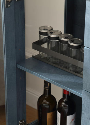 58.27" Contemporary Farmhouse Buffet Cabinet with Dual Drawers, LED Illumination, Adjustable Shelving, and Spacious Glass Door, Blue Finish with Gold Accents