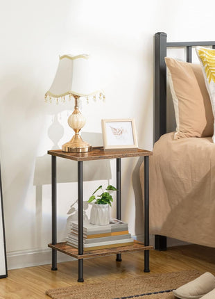 Rustic Brown End Table with Dual Storage Shelves, Compact Nightstand for Living Room and Bedroom, Sturdy Frame, Effortless Assembly