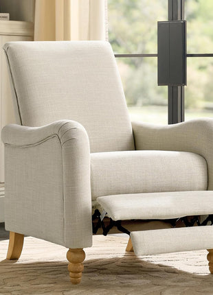 Farmhouse Recliner Armchair with Solid Wood Spindle Legs, Adjustable Backrest and Footrest, Comfortable High Back Single Sofa for Living Room, Blue Striped Design