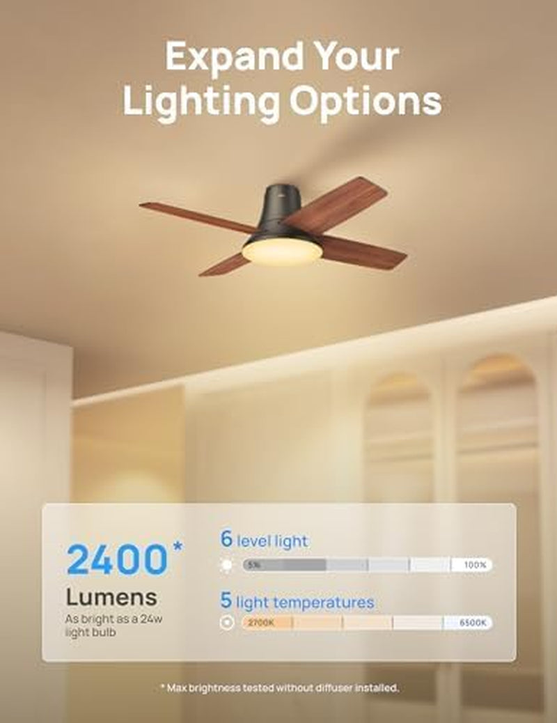 Ceiling Fans with Lights and Remote, 44 Inch Low Profile, Black Flush Mount Bedroom Ceiling Fan, Reversible Motor, 5CCT LED, 6-Level Dimmable, 6-Speed, Quiet, Timer, Easy-Install