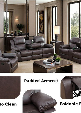 Three-Piece Manual Reclining Sofa Set with Drop-Down Table and Storage Console in Brown Leather for Living Room or Apartment