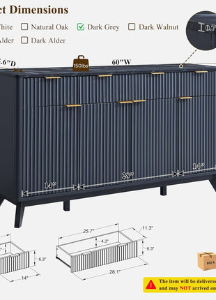 60-Inch Contemporary Fluted Buffet Sideboard Cabinet with Storage, Featuring 3 Drawers and 4 Doors for Dining Room, Living Room, and Hallway in Dark Grey