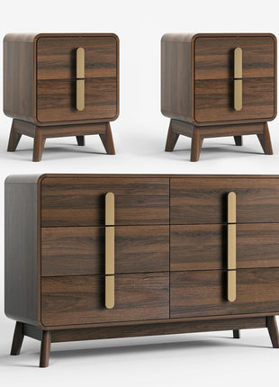 Mid-Century Modern Bedroom Furniture Set - 6-Drawer Dresser and Nightstand Pair with Gold Handles, Walnut Finish