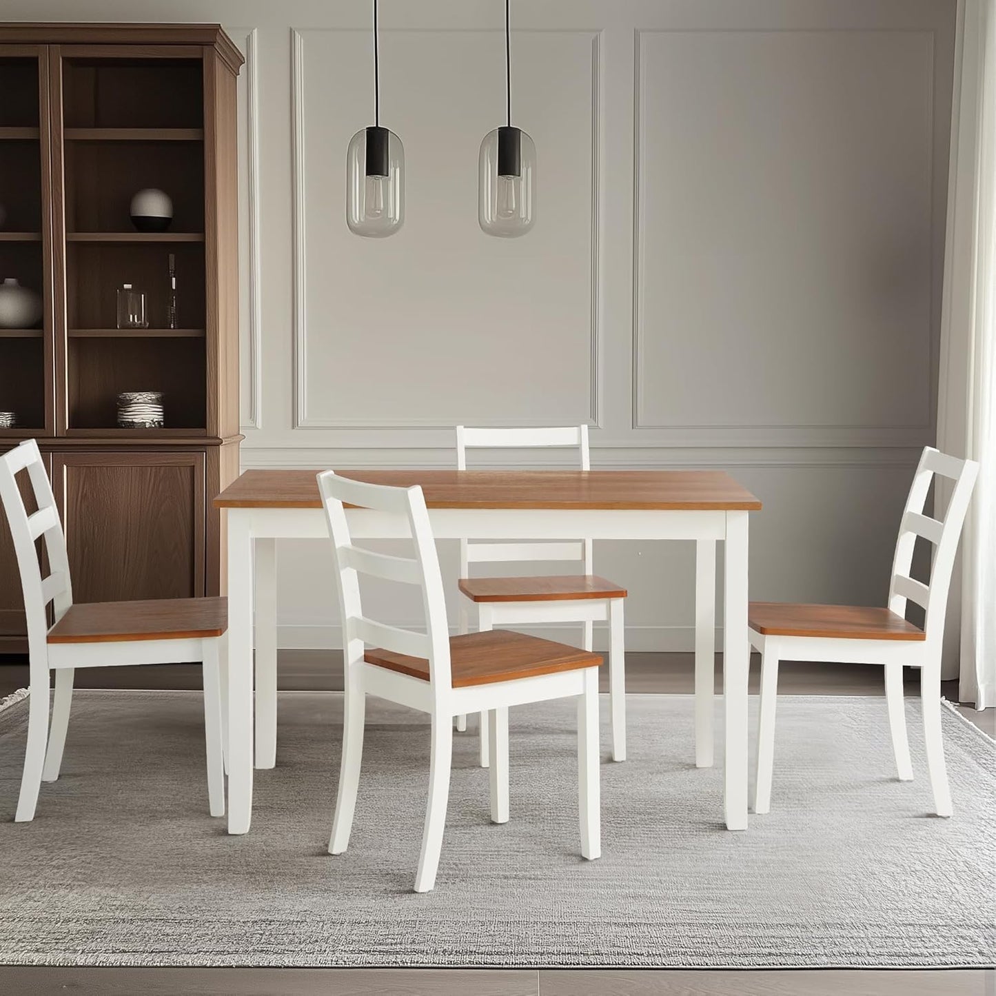 5-Piece Solid Wood Table Set, Dining Table Set for 4, Farmhouse Rectangular Kitchen Table, Space-Saving Dinette Table Set for Dining Room, Office, Terrace, Courtyard - White