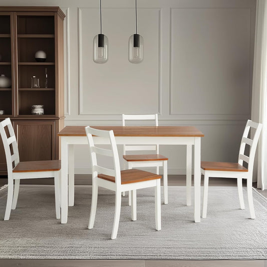 5-Piece Solid Wood Table Set, Dining Table Set for 4, Farmhouse Rectangular Kitchen Table, Space-Saving Dinette Table Set for Dining Room, Office, Terrace, Courtyard - White