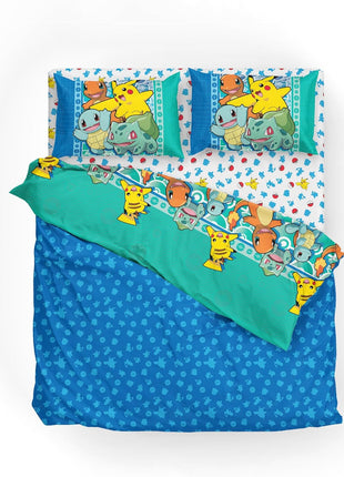 Pokémon First Starters Full Size Bed in a Bag Set featuring Pikachu, Charmander, Squirtle, and Bulbasaur for Kids Bedding Comforter and Sheets