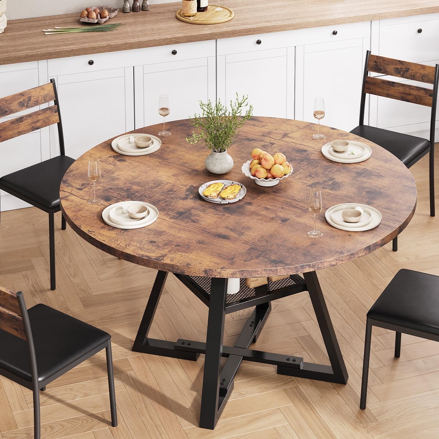 Round Dining Table for 4,Kitchen Dining Room Circle Dinner Pedestal Table,Space Saving Wood Kitchen & Dining Room Furniture (Vintage, 47In)