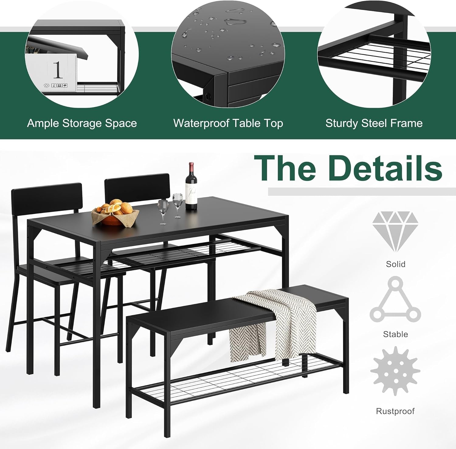 Kitchen Table Chairs Set of 4, Dining Table Set for 4 with Bench and Chairs, 4 Pieces Kitchen Table Set with Storage Rack & Metal Frame for Small Space, Solid Black