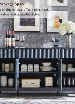 60-Inch Contemporary Fluted Buffet Sideboard Cabinet with Storage, Featuring 3 Drawers and 4 Doors for Dining Room, Living Room, and Hallway in Dark Grey