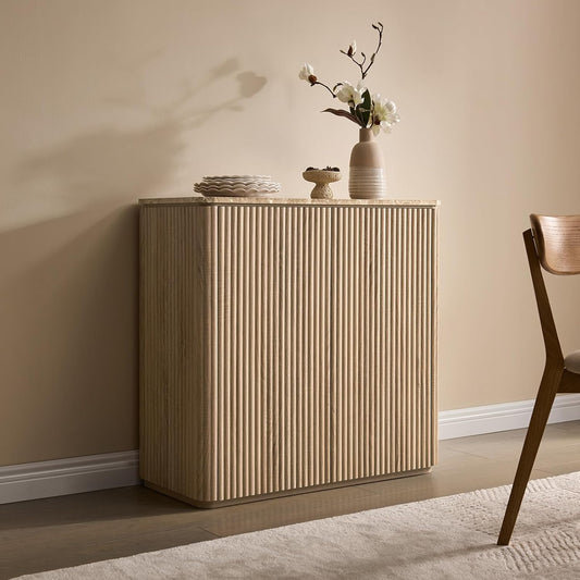 Fluted 2 Doors Sideboard Buffet Cabinet with Storage-Wooden Credenza W/Shelves, Faux Marble-Top Coffee Bar Console Table, Modern Buffet Cabinet for Dining,Kitchen,Living Room,Entryway,Natural Oak,1Pcs